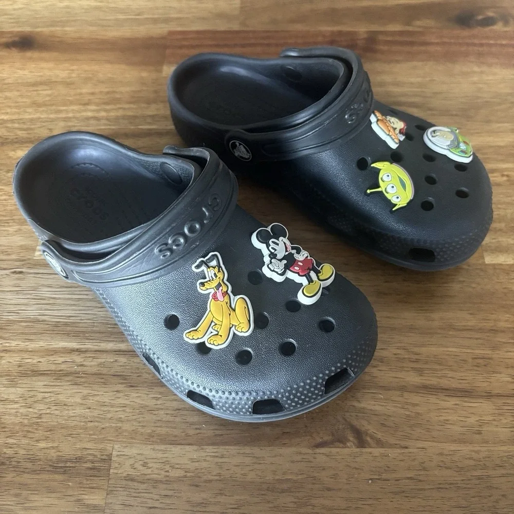 CROCS Clog Kids Size C13 Black Toy Story‎ Charms Sheriff Woody Buzz Mickey Pluto